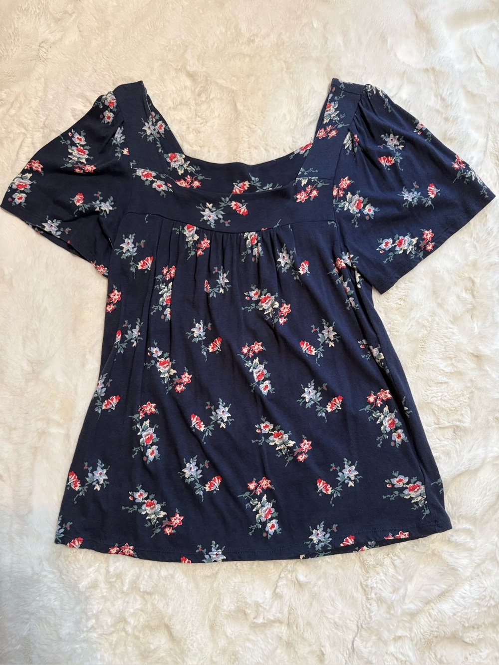 Lucky Brand Navy Floral Square-Neck Short Sleeve Top